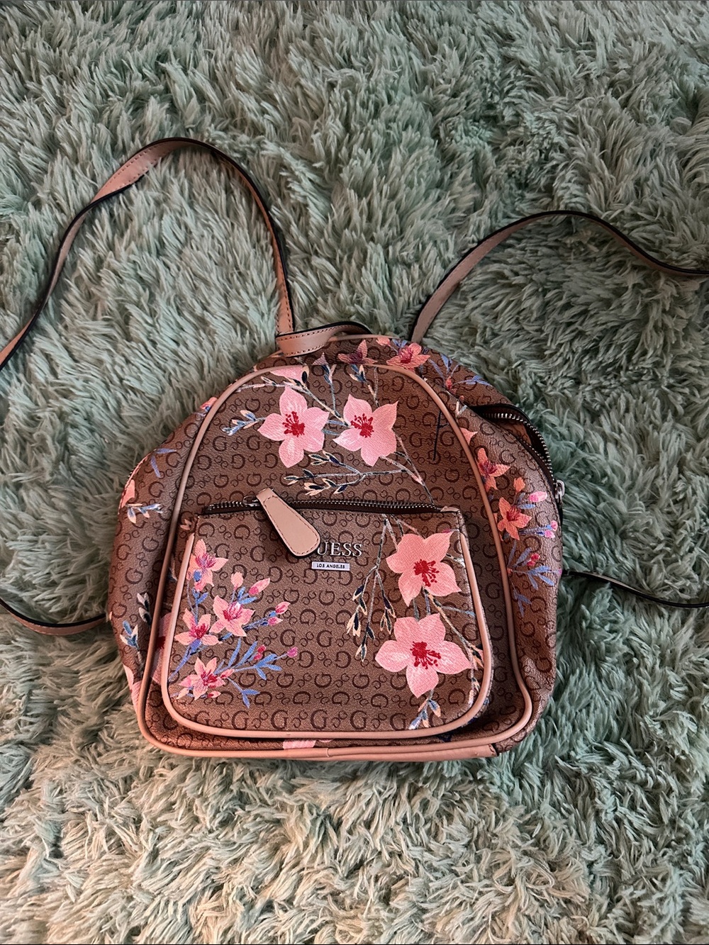 Guess Brown Mini Backpack with Pink Floral Embroidery